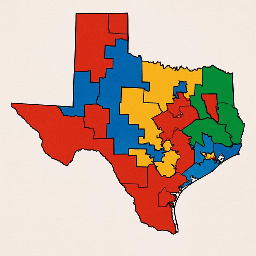 Democracy Under Siege: The High-Stakes Battle Over Texas Redistricting and America’s Political Future 3 Map of Texas with redrawn districts highlighted in bold colors, symbolizing political gerrymandering.