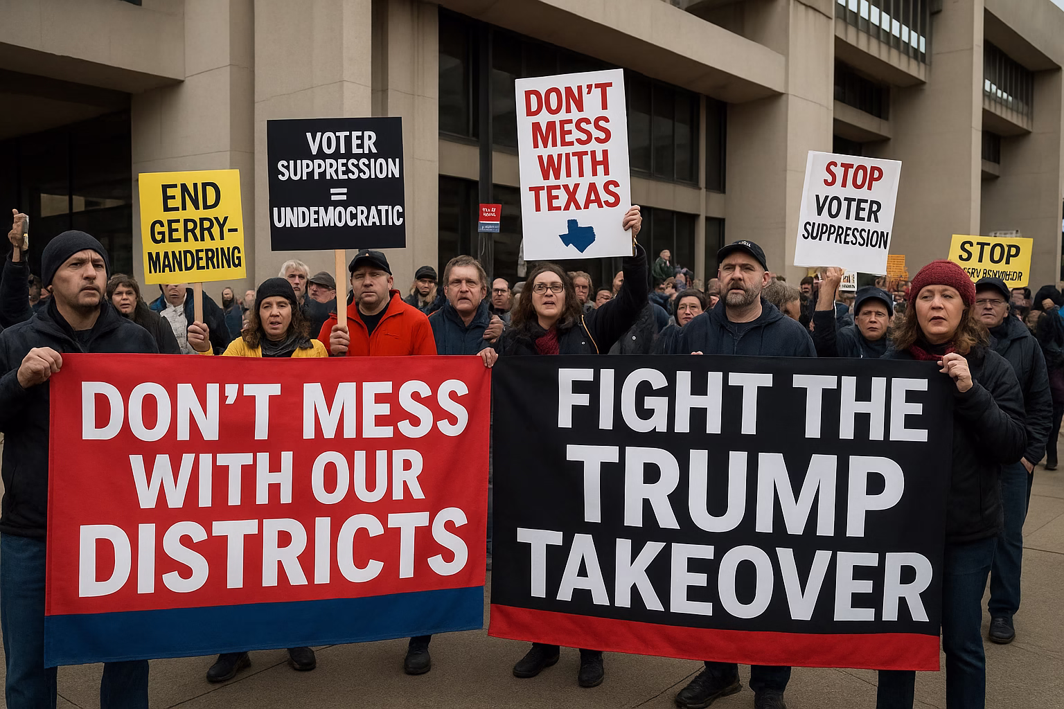 Fight the Trump Takeover” rally in Dallas, holding banners against Texas Redistricting