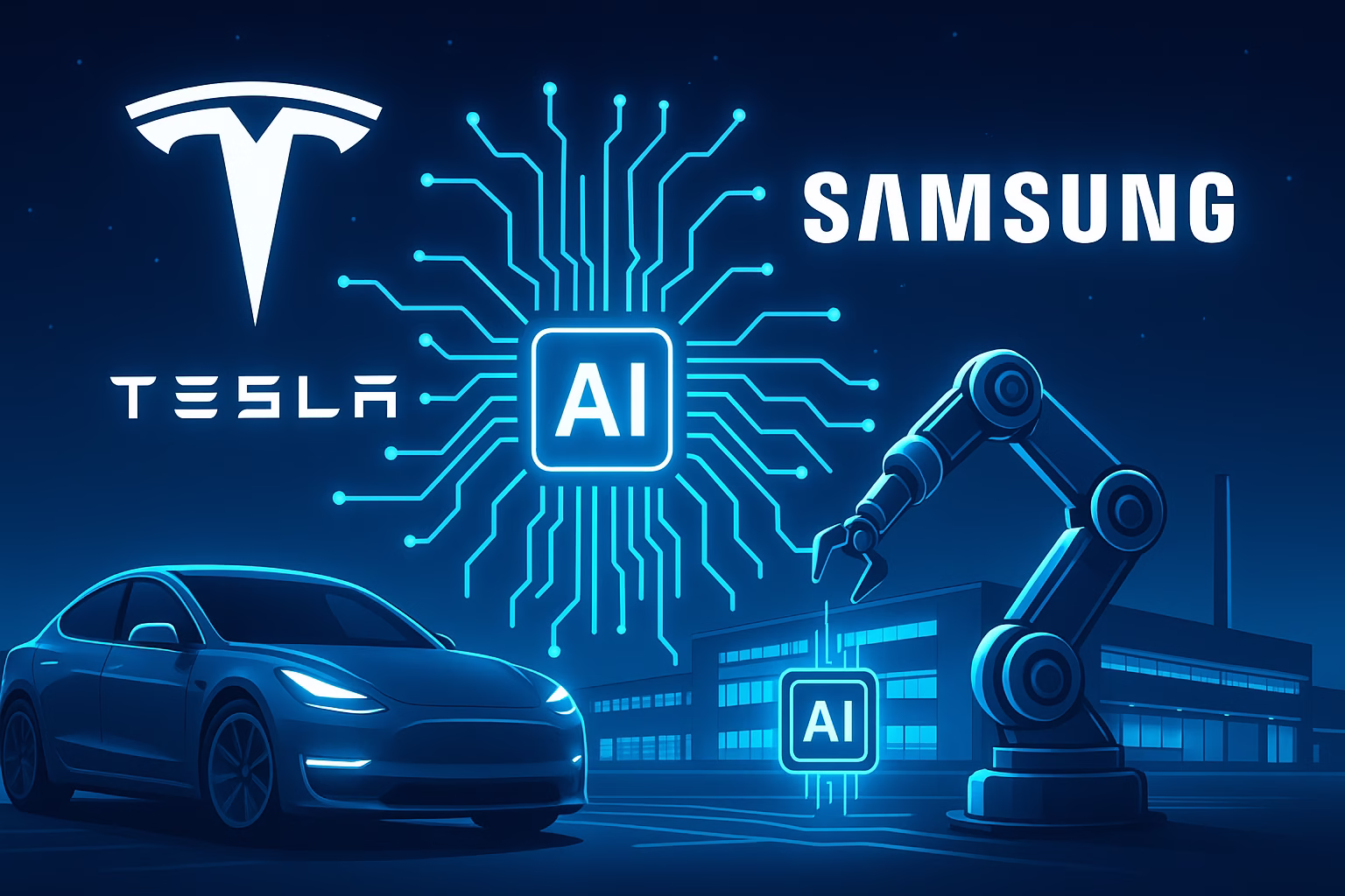 Tesla Samsung AI6 chip deal: powered by AI chips, symbolizing autonomous driving and robotics innovation.