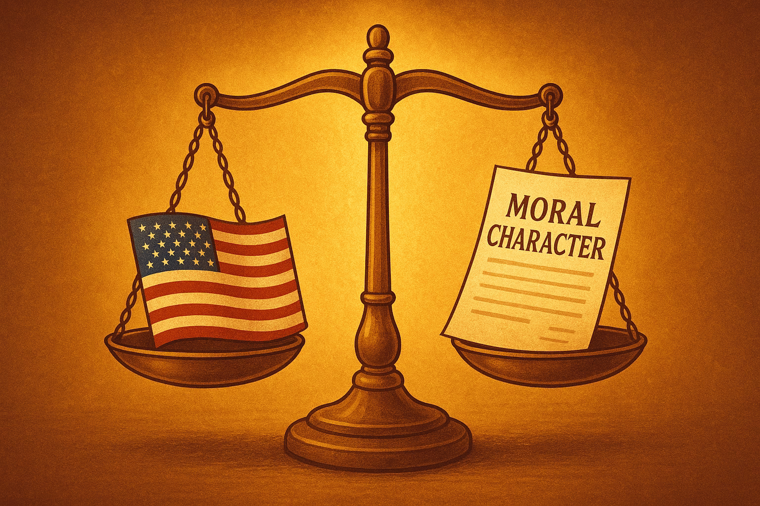 US flag on one side and “Moral Character” legal papers on the other,