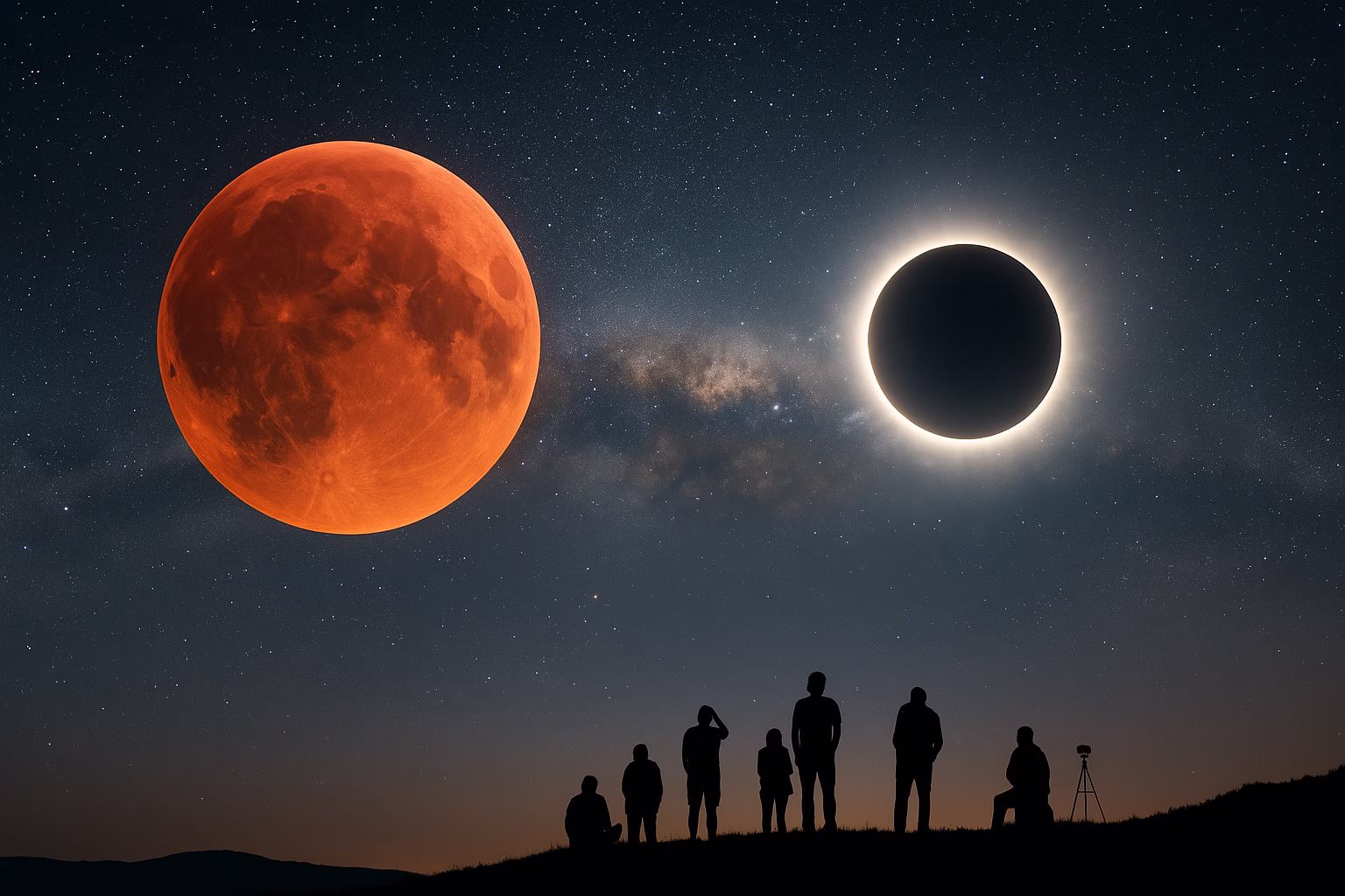 A breathtaking view of a Rare Double Eclipse with a glowing blood-red Moon on one side of the sky and a dramatic solar eclipse with a glowing corona on the other