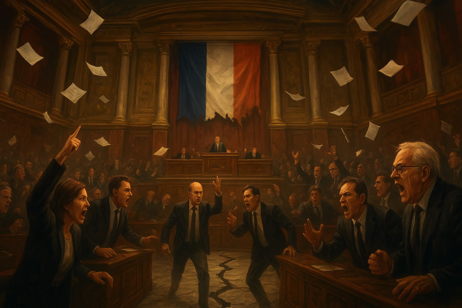 French National Assembly in turmoil during 2025 government collapse with fractured flag symbolism.