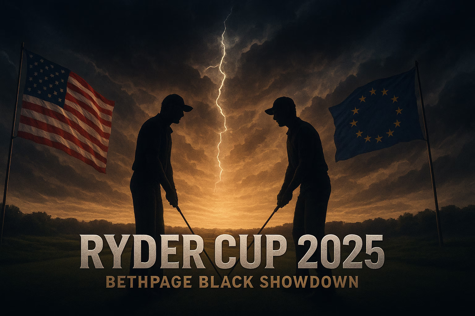 Cinematic poster of Ryder Cup 2025 at Bethpage Black, with Team USA and Team Europe golfers facing off under stormy skies and flags waving.