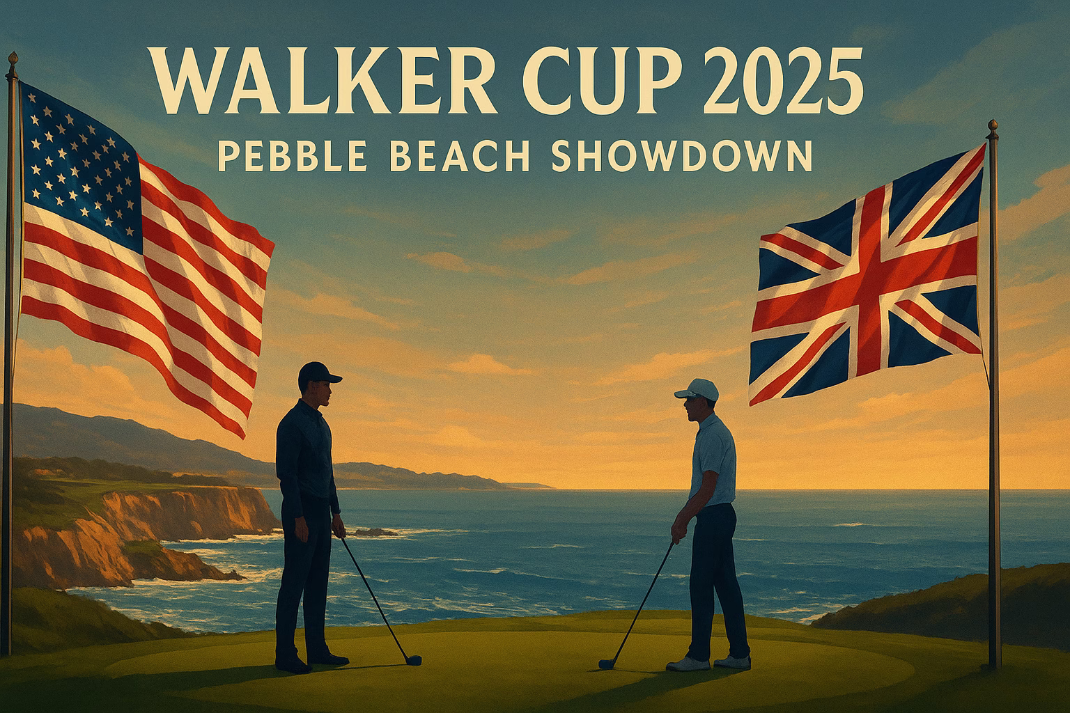 Illustration of Walker Cup 2025 at Pebble Beach with U.S. and GB&I golfers facing off by the ocean.