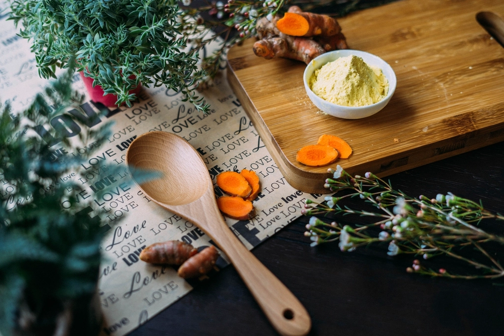 Herbs, turmeric, spice cutting board