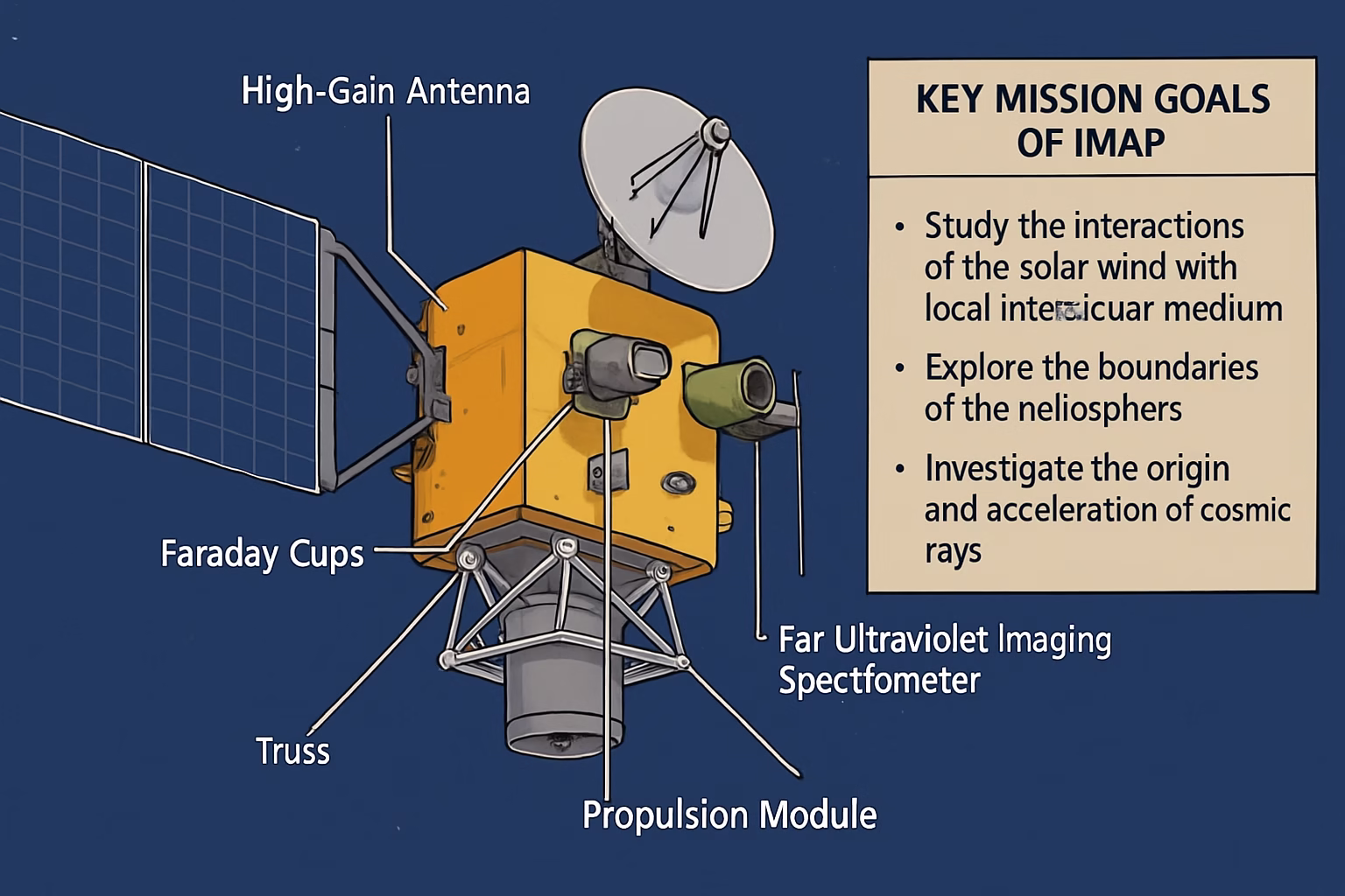 What is IMAP? Looking into NASA's space probe that breaks new ground 3 Diagram of NASA’s IMAP spacecraft showing key instruments like Faraday Cups and spectrometers.